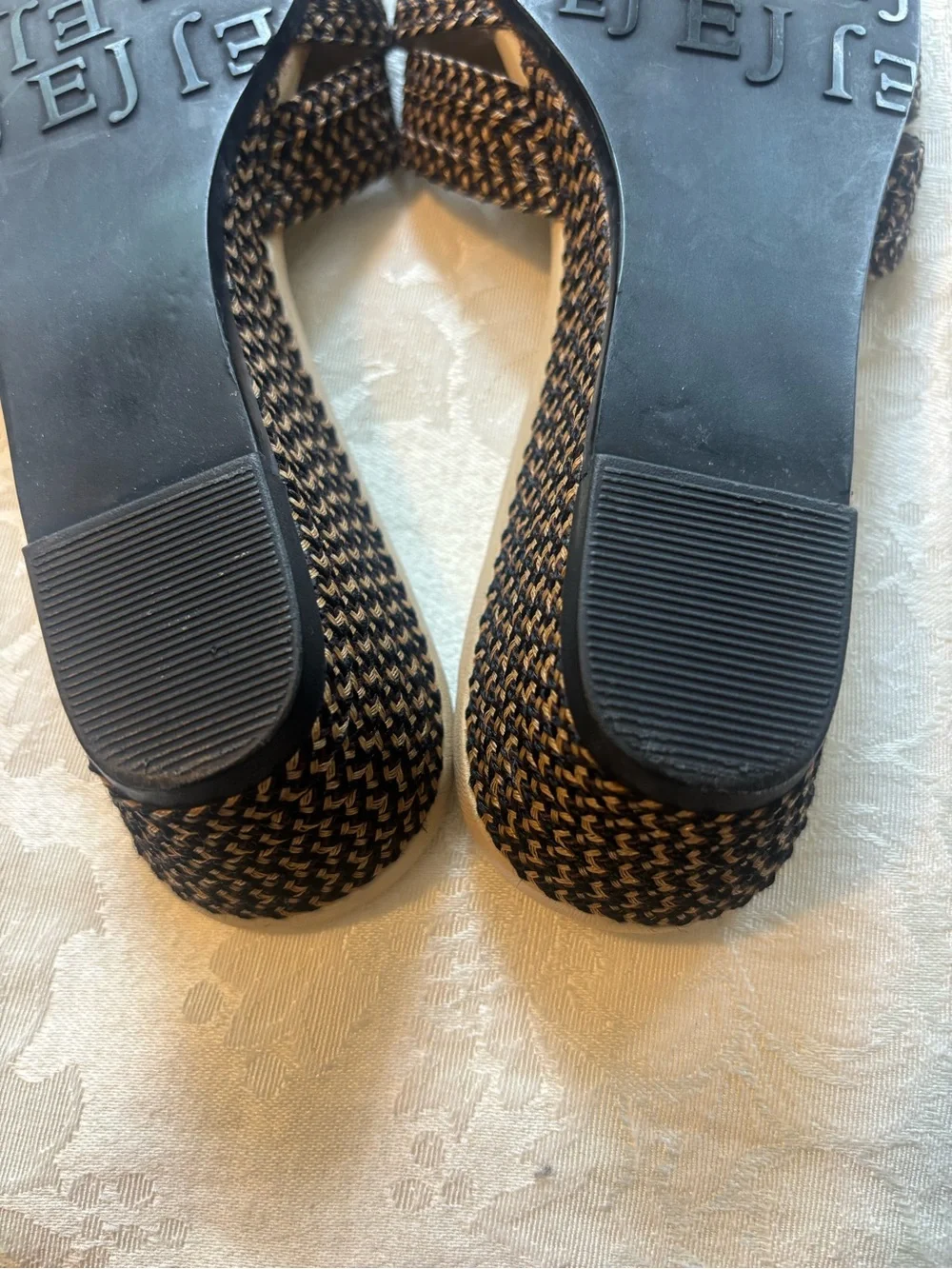 Eric Javits Black and Tan Woven Wedge Sandals, Size 65N